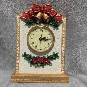 Artisan Flair Bells & Bows Christmas Mantle Clock Poinsettia Holly Hand Painted